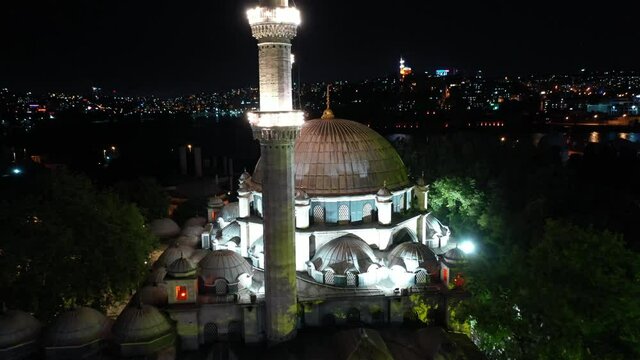 Aerial night view of Eyup Sultan Mosque in Istanbul.