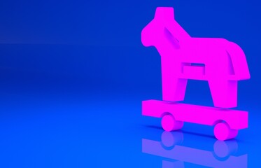 Pink Trojan horse icon isolated on blue background. Minimalism concept. 3d illustration. 3D render..