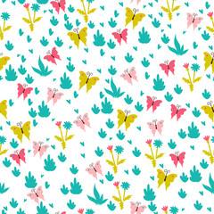 Simple seamless pattern with butterflies fluttering in the meadow. Vector graphics