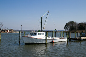 A crabbing boat rigged and ready for the season in St. Georges Island, Maryland