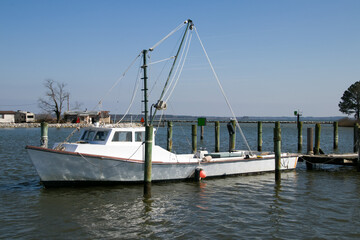 A rigged and ready crab boat located in St. Georges Island, Maryland.