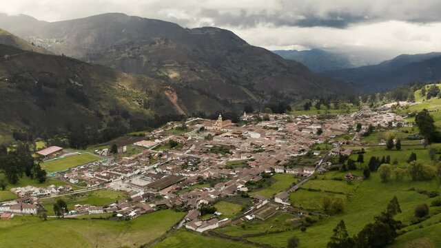 Andean mountain town El Cocuy in the Colombian Andes, aerial drone view