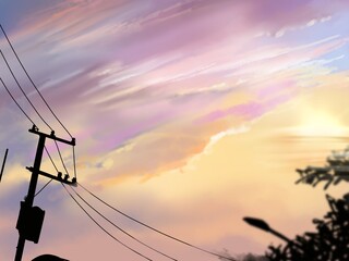 power lines’s silhouette and purple clouds in the city landscape	

