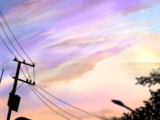 power lines’s silhouette and purple clouds in the city landscape	
