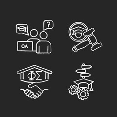 College life chalk white icons set on black background. Academic advisor. University student organization. Student life and activities. Fraternal house. Isolated vector chalkboard illustrations