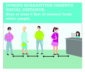 Keep social distance while standing in queue. Vector. When a virus is in the air quarantine is established. So we should keep up to some discipline. Can be used for shop materials, banners, posters.

