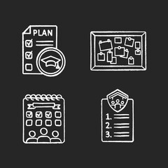 Student activities chalk white icons set on black background. Educational plan. Flatmates agreement. University entertainment. College events. Isolated vector chalkboard illustrations