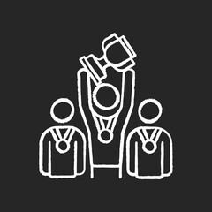Sports team chalk white icon on black background. Winning trophy in competition. University tournaments. College football, basketball players. Competition. Isolated vector chalkboard illustration