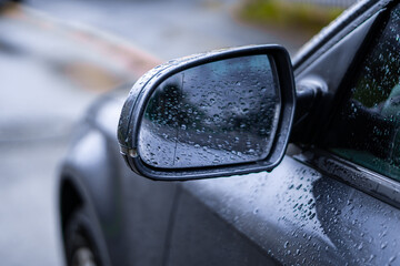 wet car wing mirror