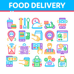 Food Delivery Service Collection Icons Set Vector. Food Delivery Boy And Motorcycle, Online Order And Phone Application, Utensil And Nutrition Concept Linear Pictograms. Color Contour Illustrations