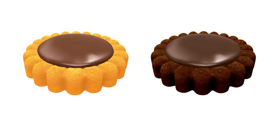 Milk and cocoa biscuits with chocolate filling. Flower shaped biscuit. 3D Rendering