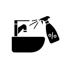 Sink tap disinfection black glyph icon. Surface cleaning, housekeeping chores silhouette symbol on white space. Home sterilization. Bathroom faucet ant detergent spray vector isolated illustration