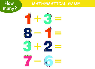 examples of addition and subtraction with dinosaurs. educational page with mathematical examples for children.