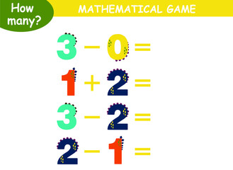 examples of addition and subtraction with dinosaurs. educational page with mathematical examples for children.