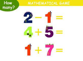 examples of addition and subtraction with dinosaurs. educational page with mathematical examples for children.