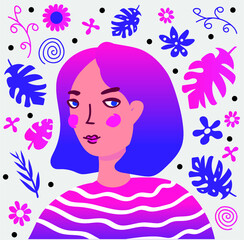Young woman among tropical plants, flowers and leafs. Trendy girl with colored hair smiling. Gradient vector illustration