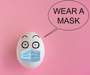 Faces on the eggs, coronavirus outbreak prevention concept, wear a mask 