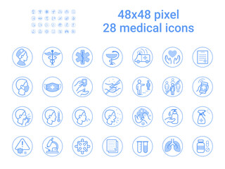 Simple Set of medical icons coronavirus safety related. Contains such Icons as washing hands, a doctor, face mask, pills, emergency and more for design and infographics. Vector EPS10.