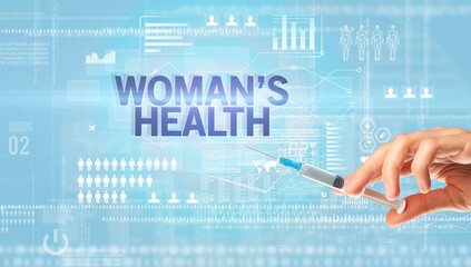 Close-up view of doctor's hand in a white glove holding syringe with WOMAN’S HEALTH inscription, healthcare and medical concept
