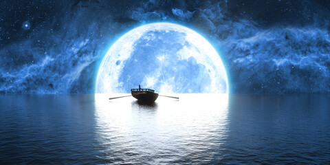 boat on the background of a large full moon