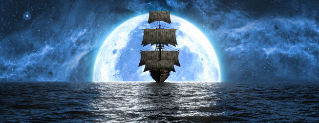 ship at sea against the background of the moon and the beautiful sky © zeleniy9