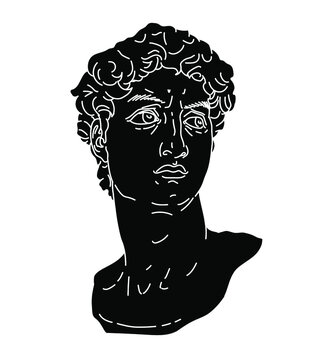 recommend clip art: Vector line art illustration of Michelangelo's David head sculpture. Trendy fashion print for t-shirt in Vaporwave style.