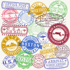 Boston Massachusetts USA Stamp Vector Art Postal Passport Travel Design Set badge.