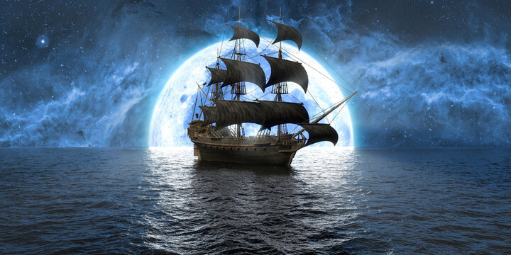 ship at sea against the background of the moon and the beautiful sky