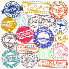 Washington DC USA Stamp Vector Art Postal Passport Travel Design Set Badge.