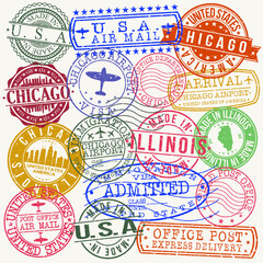 Chicago Illinois USA Stamp Vector Art Postal Passport Travel Design Set Badge.