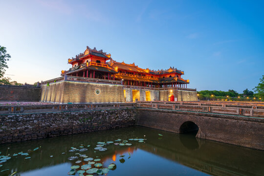 Ngo Mon gate - the main entrance of forbidden Hue Imperial City in Hue city, Vietnam, during sunset time