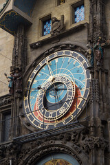 Close up detail of bohemian astronomical clock with sun and moon zodiac signs and animated figures in old town prague czech republic europe