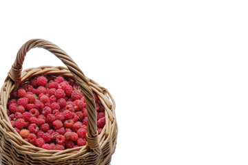 Fototapeta na wymiar vitamins in raspberries, ripe red raspberries in a wicker basket isolated on a white background. space for ads and text