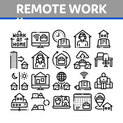 Remote Work Freelance Collection Icons Set Vector. Work At Home, Internet Job And Online Consultation Operator, Teleworking And Conference Concept Linear Pictograms. Contour Illustrations
