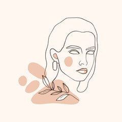 Portrait of a woman and a plant decor. Stylish woman, makeup, hairstyle, accessories. Abstract one line drawing, simple shapes, silhouette. Vector illustration for spa salon, beauty industry, blog.