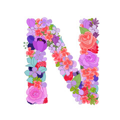 Colorful floral font alphabet with roses. Beautiful capital lett