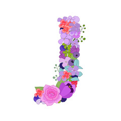 Colorful floral font alphabet with roses. Beautiful capital lett