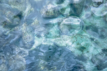 Sea water. Turquoise clear water. Summer background. Ocean in cloudy day.