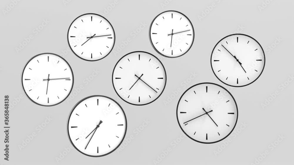 Poster clock animation, many objects with different times. minimal white design on a gray background. 3d re