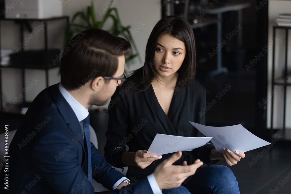 Canvas Prints diverse businesspeople talk brainstorm discuss corporate financial paperwork in office together, mul