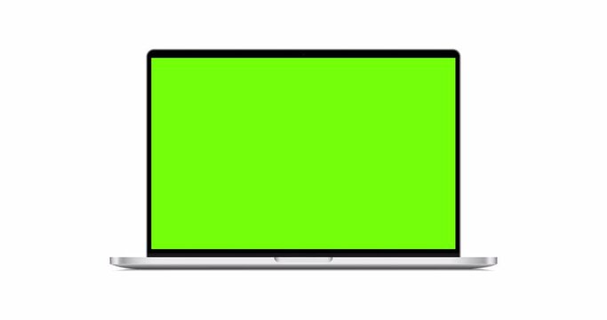 Laptop mockup with green screen, front view, isolated on white background. 4K animation with camera track motion