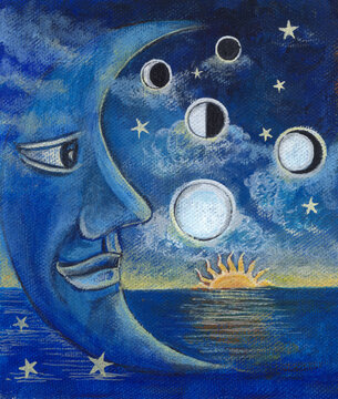 Art fantasy night moon. Hand color painting on canvas.
