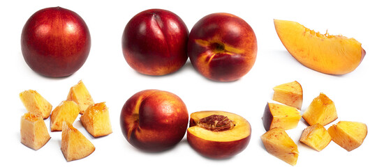 Nectarine and pieces of nectarine on a white background from different sides. Macro photo. High quality photo