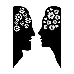 Man with gears and woman with flowers and hearts in heads. The concept of different thinking between a man and a woman. Black silhouettes of faces. Vector illustration.