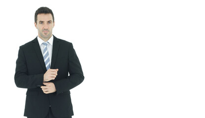 Handsome and smart businessman in black suit isolated on white background. Copy Space