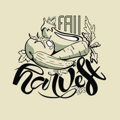 Realistic vegetables and fall harvest vintage text. Fresh raw cucumber, tomato, eggplant, carrot with leaves. Hand written lettering doodle cartoon design. Healthy food concept. Vegan natural diet. 