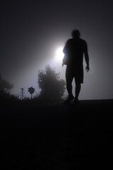 silhouette of a man walking in the forest