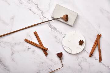 Product display flat lay for mock up presentation, White marble background use for skincare or...