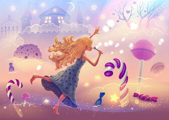 Fantasy landscape illustration with dreaming girl flying in sweet world with Christmas candy canes, magic pink clouds, colorful rainbow, neon glowing soap bubbles. Vector fairy tale drawing.