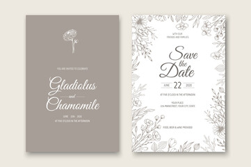 Wedding invitation card template design. Template, Frame with Flowers, Branches, Plants.